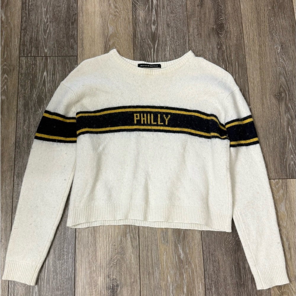 Brandy Melville Cream Crewneck with Navy & Gold Stripes